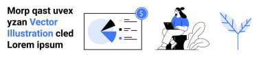 Modern bir koltukta oturan dizüstü bilgisayarda çalışan bir kadın, dolar simgesi ve minimalist bitki sanatı ile birlikte turta grafiğinde sergilenen finansal veriler. Finans, üretkenlik, teknoloji, analiz, eğitim için ideal