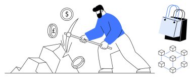 Adam kripto para birimlerini kazmayla kazıyor, bozuk paraları çıkartıyor Bitcoin, Dolar ve Pound 'u onaylıyor. Zincirleme yapı ve alışveriş torbaları. Kripto para birimi, engelleme zinciri, fintech, e-ticaret için ideal