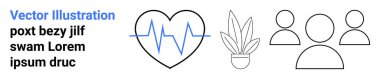 Kalp atışı çizgisi, minimum saksı bitkisi ve grup silueti olan bir kalp çizgisi. Sağlık, toplum, büyüme, refah, takım çalışması, eko-yaşam ilişkileri temalı düz iniş sayfası afişi için ideal
