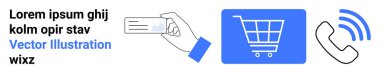 Mesajlı el kartı, mavi alışveriş arabası ikonu, sinyal dalgalı telefon. Çevrimiçi alışveriş, fintech, iş ağı, müşteri hizmetleri, iletişim, basit iniş sayfası için ideal