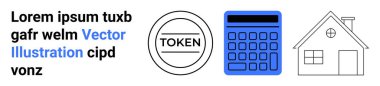 Dairesel jeton, mavi hesap makinesi ve basit ev taslağı. Finans, teknoloji, emlak, bütçe, yatırım, kripto para birimi ve basit bir iniş sayfası için ideal