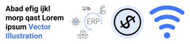 ERP sistem bağlantıları, dolar işaretleri, depo elemanları, kablosuz bağlantı ikonu. Teknoloji, finans, bağlantı, lojistik, otomasyon ağları için ideal basit iniş sayfası