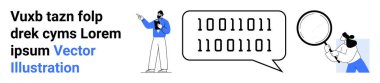 Adam konuşma balonunda ikili dizileri büyüteç ve başka bir açıklama verisi ile inceliyor. Veri analizi, teknoloji, araştırma, kodlama, programlama, eğitim ve basit iniş için ideal