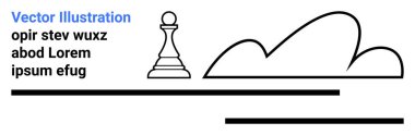 Modern tasarımda soyut bulut çizgilerinin ve yer tutucu metnin yanında satranç piyonu. Strateji için ideal, odaklanma, hedefler, planlama, basitlik, yaratıcılık kavramsal sanat, basit iniş sayfası