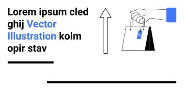 Etiketli el çantası, yukarı doğru ok büyümeyi ya da ilerlemeyi simgeliyor, asgari metin unsurları. E-ticaret, alışveriş, perakende, markalaşma, satış, büyüme kavramı için ideal basit iniş sayfası