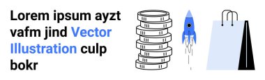 Havalanan bir roketin yanına istiflenmiş bozuk paralar ve içinde yer tutucu mesajı olan iki alışveriş çantası. Finans, iş büyümesi, e-ticaret, girişimler, tasarruflar, pazarlama, basit iniş sayfası için ideal