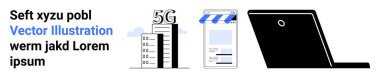 Bulutların yanında 5G kulesi, akıllı telefondan çevrimiçi vitrin ve tablet. Teknoloji, dijital iletişim, çevrimiçi iş için ideal, 5G ağı, mobil cihazlar, ekommerce basit iniş sayfası