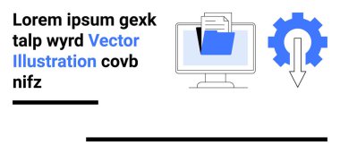 Dosya dizini ve belgelerini gösteren bilgisayar ekranı, teçhizat ve aşağı doğru ok eşliğinde. Veri yönetimi, otomasyon, teknoloji, yazılım, takım çalışması, analiz, basit iniş sayfası için ideal