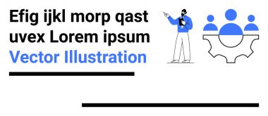 İçeriği gösteren adam, takım simgeleriyle donatılmış. İşbirliği, takım çalışması, liderlik, organizasyon, yenilik, profesyonel gelişim için ideal, basit iniş sayfası