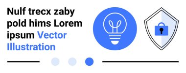 Mavi ampul, güvenlik kalkanıyla birlikte kilitlendi. Metin tutucular ve noktalı simgeler temiz düzende. Yenilik, güvenlik, teknoloji, koruma, yaratıcılık, tasarım, düz iniş sayfası için ideal