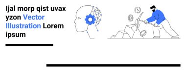 Bozuk para için taş kıran adam, insan kafası ve teçhizat düşünce süreçlerini ve teknolojiyi sembolize ediyor. Finans, yenilik, teknoloji, akıl, çaba, ekonomi, basit iniş sayfası için ideal