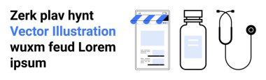 Mobil e-ticaret mağazası, ilaç şişesi ve steteskop teknoloji, sağlık hizmetleri ve çevrimiçi alışveriş temalarını birleştiriyor. Telehealth, eczane teslimatı ya da basit bir iniş sayfası için ideal