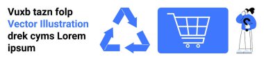 Alışveriş arabasının yanında koyu mavi geri dönüşüm ikonu ve soru işareti taşıyan biri. Çevre, sürdürülebilirlik, e-ticaret, karar verme, öğrenme, tüketici davranışı, basit iniş sayfası için ideal