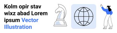 Stratejik düşünce için satranç şövalyesi, küresel perspektif için dünya ve eğitim için işaret eden kadın. Strateji için ideal, küresel ticaret, liderlik, takım çalışması, eğitim, danışmanlık