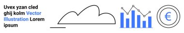 Veri yönetimi, analitik, büyüme eğilimleri ve finansal odak noktalarını vurgulayan bar tablosu, çizgi grafiği ve Euro sembolüne sahip bulut anahatları. İş, finans, teknoloji bulut hizmetleri verileri için ideal