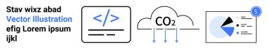 Kodlama arayüzü, oklu CO2 bulutu ve dolar ikonlu pasta grafiği. Teknolojik yenilik, iklim verileri, karbon ayak izi, bulut hesaplama, sürdürülebilirlik, kodlama eğitimi için ideal