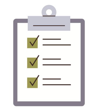 Görev tamamlandığını gösteren üç yeşil işaretli bir kontrol listesi tutan pano. Üretkenlik, organizasyon, planlama, görev yönetimi, yapılacaklar listesi, iş akışı, iş araçları için ideal. Düz