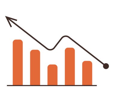 Veri eğilimlerini ve ekonomik değişiklikleri gösteren dalgalı bir çizgi ve ok içeren turuncu çizelge. Finans, istatistik, büyüme analizi, iş stratejisi, piyasa tahmini ve eğitim için ideal