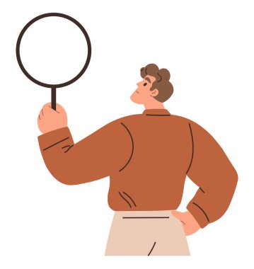 Kendinden emin duruşu olan büyüteç tutan adam soruşturmayı, merakı, araştırmayı, öğrenmeyi, analizi, keşfi ve keşfi temsil ediyor. Eğitim için ideal kişisel gelişim araştırması