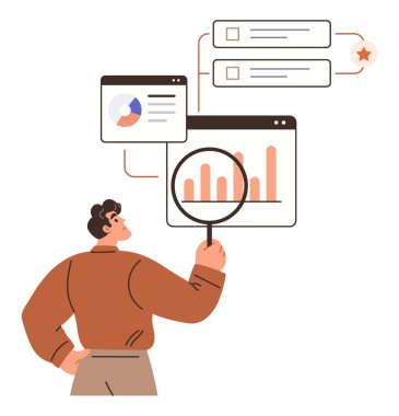 Ekranlardaki çubuk grafiği ve pasta grafiğini büyüteç kullanarak analiz eden kişi. Araştırma, analitik, veri görselleştirme, verimlilik, iş anlayışı, problem çözme, karar verme için idealdir. Düz