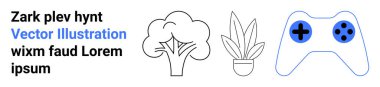 Ağaç çizgisi, kapalı alan bitkisi ve basit bir şekilde oyun kontrol sembolü. Doğa için ideal, sürdürülebilirlik, oyun, ev dekorasyonu minimalizm hobileri. Modern düz iniş sayfası afişi