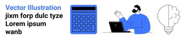 Hesap makinesinin yanında diz üstü bilgisayar kullanıcısı hareketi ve yenilik, hesaplama ve yaratıcılığı temsil eden ampul. Kavramlarda ideal beyin fırtınası, üretkenlik, finans, teknoloji, eğitim