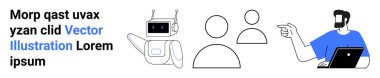 Dijital yüz sallayan robot, minimalist insan figürleri ve dizüstü bilgisayar kullanan adam. Yapay zeka, iletişim, takım çalışması, yenilik, eğitim, yaratıcılık için ideal düz iniş sayfası afişi