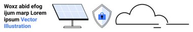 Güneş paneli, asma kilitli kalkan ve bulut simgesi yenilenebilir enerji, veri güvenliği, bulut depolama, sürdürülebilirlik, teknoloji, yenilik ve çevre bakımını sembolize eder. Düz iniş sayfası için ideal