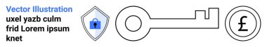 Kilitli bir asma kilit, bir anahtar ve finansal güvenliği gösteren bir Pound döviz sembolü olan bir kalkan. Fintech, bankacılık, siber güvenlik, finansal planlama, şifreleme, güvenli ödemeler için ideal