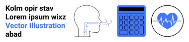 Kafa solunum şeması, elektronik hesap makinesi ve kalp atış hızı monitörü ikonu. Sağlık, teknoloji, istatistik, refah, tıbbi analiz, kişisel finans sade iniş sayfası için ideal
