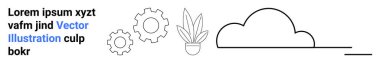 Bulut ikonu, saksıya bitki, iki çark ve minimalist tarzda metin elementleri. Teknoloji, takım çalışması, otomasyon, çevre dostu kavramlar, yenilik ağı bulut hesaplama düzlüğü için ideal