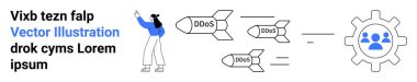 DDoS etiketli füzeleri işaret eden kadın, siber saldırıları sembolize eden kullanıcı ikonlu bir vitese nişan aldı. Siber güvenlik, saldırı vektörleri, takım çalışması, teknoloji tehditleri, dijital savunma için ideal