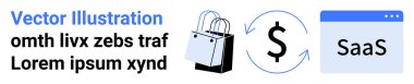 Alışveriş çantası, oklu dolar işareti, elektronik ticaret kavramlarını vurgulayan SaaS tarayıcı penceresi, finansal işlemler, yazılım çözümleri. İş, perakende, SaaS ve finans teknolojisi için ideal