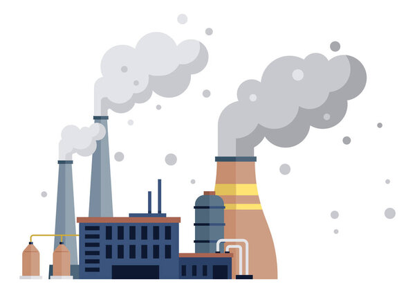 Дым льется из дымовых труб и градирен завода. Идеально подходит для промышленности, воздействия на окружающую среду, загрязнения, производственных процессов, осведомленности об изменении климата. Карикатурный стиль с приглушенным