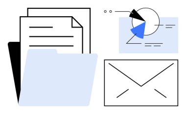 Belgeler mavi bir klasörün içine yerleştirilmiş posta zarfının yanında ve üzerinde analitik olan bir pasta tablosu. Veri yönetimi, yazışmalar, organizasyon, üretkenlik, iletişim, analitik için ideal