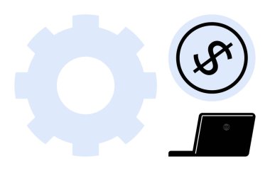 Dişliler, dizüstü bilgisayarlar ve dolar işaretleri teknoloji, işletme ve finans arasında etkileşim gösteriyor. Otomasyon için ideal, karlılık, verimlilik, fintech dijital araçlar düz çalışma