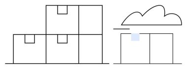Bulutlarla bağlantılı bir deponun yanında istiflenmiş kutular. Lojistik, envanter, depolama, tedarik zinciri, nakliye, dağıtım, e-ticaret, düz basit metafor için ideal