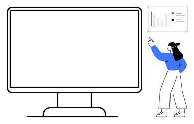 Grafik grafikli geniş bir monitörde veri analizi ve sunumu. Veri analizi, eğitim, iş planlaması, teknoloji, iletişim, takım çalışması, yenilik için ideal. Düz