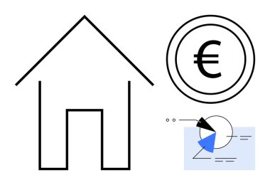 Ev özeti, avro sikkesi, segmentli turta grafiği gayrimenkul yatırımı, konut ekonomisi, finans konularını vurguluyor. Emlak analizleri, ipotek eğilimleri, tasarruflar, konut piyasası dairesi için ideal