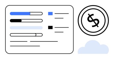 İlerleme çubukları, görevler ve dolar sikkeleri finansal takibi, hedefleri ve bulut hizmetlerini vurguluyor. Finans, bütçe, ilerleme izleme, iş stratejisi veri görselleştirme teknolojisi için ideal