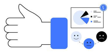 Baş parmak hareketi, finansal verilerle birlikte pasta grafiği, ve tarafsızlıktan olumluya ve olumsuzluğa kadar bir ölçek. Değerlendirme, analitik, iş, geri bildirim, müşteri deneyimi, tatmin için ideal