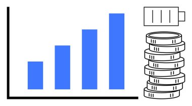 Artan kolonlara sahip bar tablosu, gelir artışını gösteren bozuk para yığınları ve enerji veya kaynak verimliliğini gösteren pil sembolü. Finans, sürdürülebilirlik, büyüme stratejisi ve ekonomi için ideal