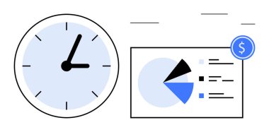 Pasta grafiği ve dolar işareti olan bir veri raporunun yanındaki duvar saati. Üretkenlik, finansal analiz, iş stratejisi, bütçe belirleme, zaman verimliliği, proje planlaması, sade