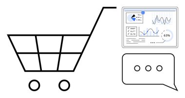 Alışveriş arabası sembolü, çizelgeler ve verilerle analitik gösterge paneli ve üç noktalı sohbet balonu. E-ticaret, müşteri sezgileri, etkileşim, veri güdümlü pazarlama, perakende eğilimleri, geri bildirim için ideal