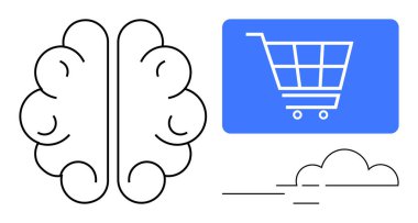 Ekrandaki alışveriş arabasının yanında özetlenmiş beyin yapay zekanın online alışveriş yaptığını gösteriyor. Teknoloji, yenilik, perakende, e-ticaret, pazarlama, tüketici davranışları için ideal. Düz basit