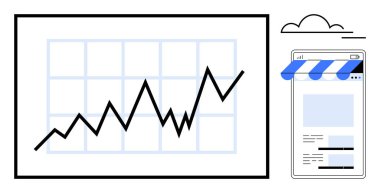 Artan çizgi grafiği, çevrimiçi mağaza önü arayüzünün yanında büyümeyi, dijital ticareti ileten monitörde. Analiz, pazarlama, başarı, yenilik, girişimcilik, e-ticaret, strateji dairesi için ideal