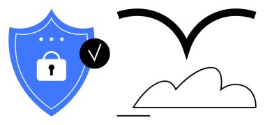 Kilit ve kontrol işaretli mavi kalkan güvenliği sağlıyor. Üzerinde soyut kuş olan kara bulut ana hatları bulut hesaplama ve özgürlük öneriyor. Teknoloji, veri, depolama, güvenlik, çevrimiçi erişim için ideal