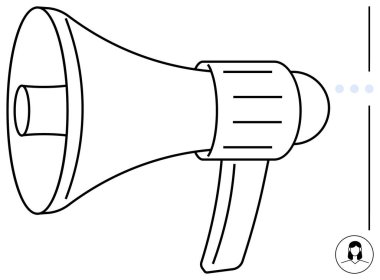 İletişim, duyuru ve yayılan mesajları vurgulayan basit doğrusal dizaynlı bir megafon. Pazarlama, liderlik, sosyal kampanyalar, halk konuşmaları, terfiler için ideal