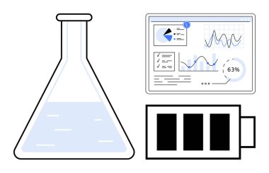 Gösterge paneli ve enerji kullanımı ve performansını gösteren akünün yanında sıvı bulunan bir şişe. Bilim, teknoloji, yenilik, analitik, araştırma, sürdürülebilirlik, enerji kullanımı için idealdir. Düz basit