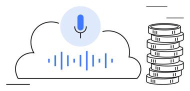 Mikrofon simgesi bulutun üstünde ses dalgası çizgileriyle konuşma analizini gösteriyor, para yığınlarının yanında ekonomik potansiyeli gösteriyor. Yapay zeka, teknoloji, bulut hesaplama, yenilik ve ses için ideal